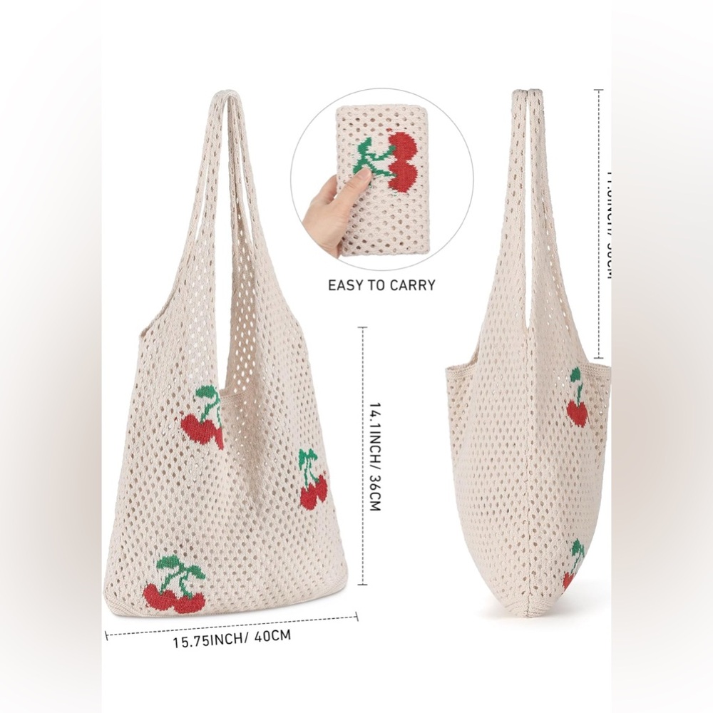 Cherry Crochet Casual Tote Bag, New - Picture 5 of 5